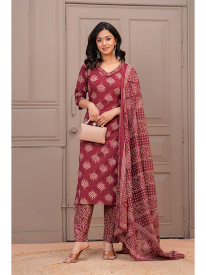 Maroon Printed Straight Kurta Set With Dupatta