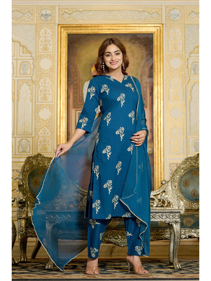 Teal Printed Kurtas &amp; Trouser With Dupatta