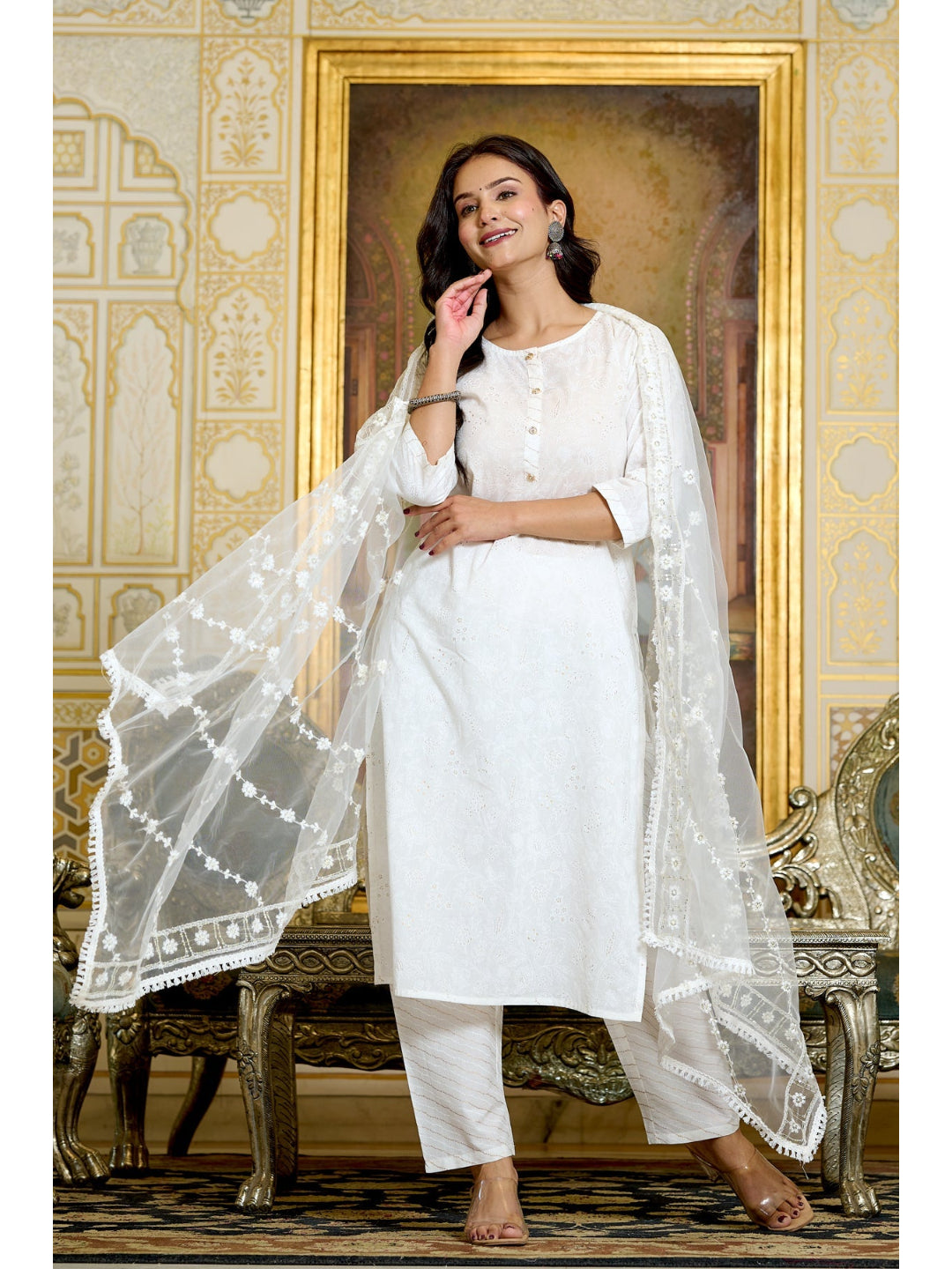 Gold Printed Kurtas & Trouser With Embroidered Dupatta