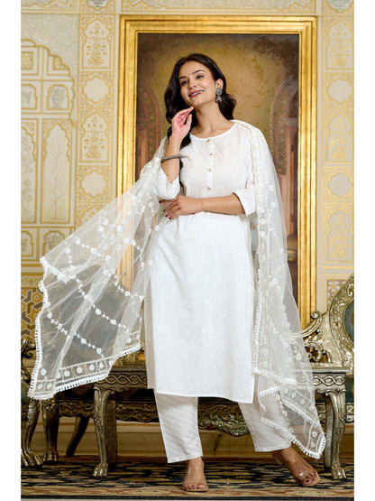 Gold Printed Kurtas & Trouser With Embroidered Dupatta