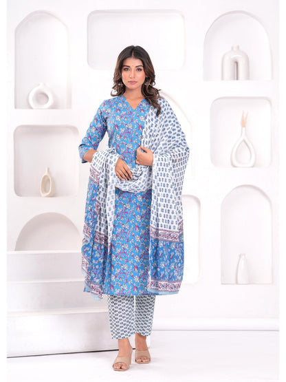 Blue Printed Kurta Set With Dupatta