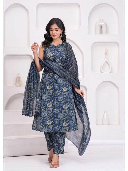 Blue Floral Printed Kurta Set With Dupatta