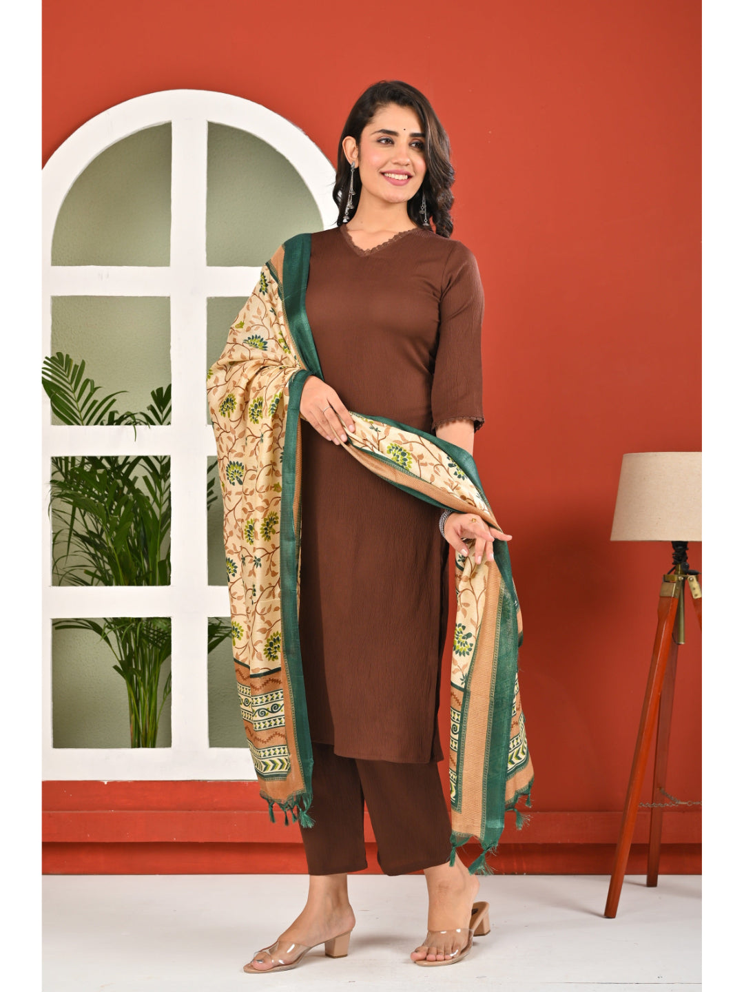 Brown Solid Kurta Set with Dupatta