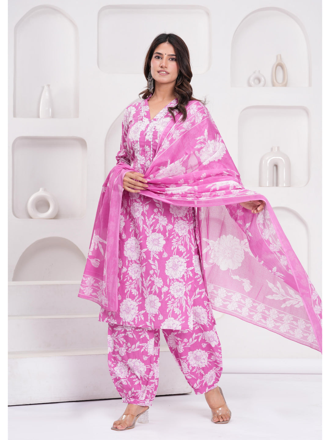 Pink Printed Straight Kurta Set With Dupatta