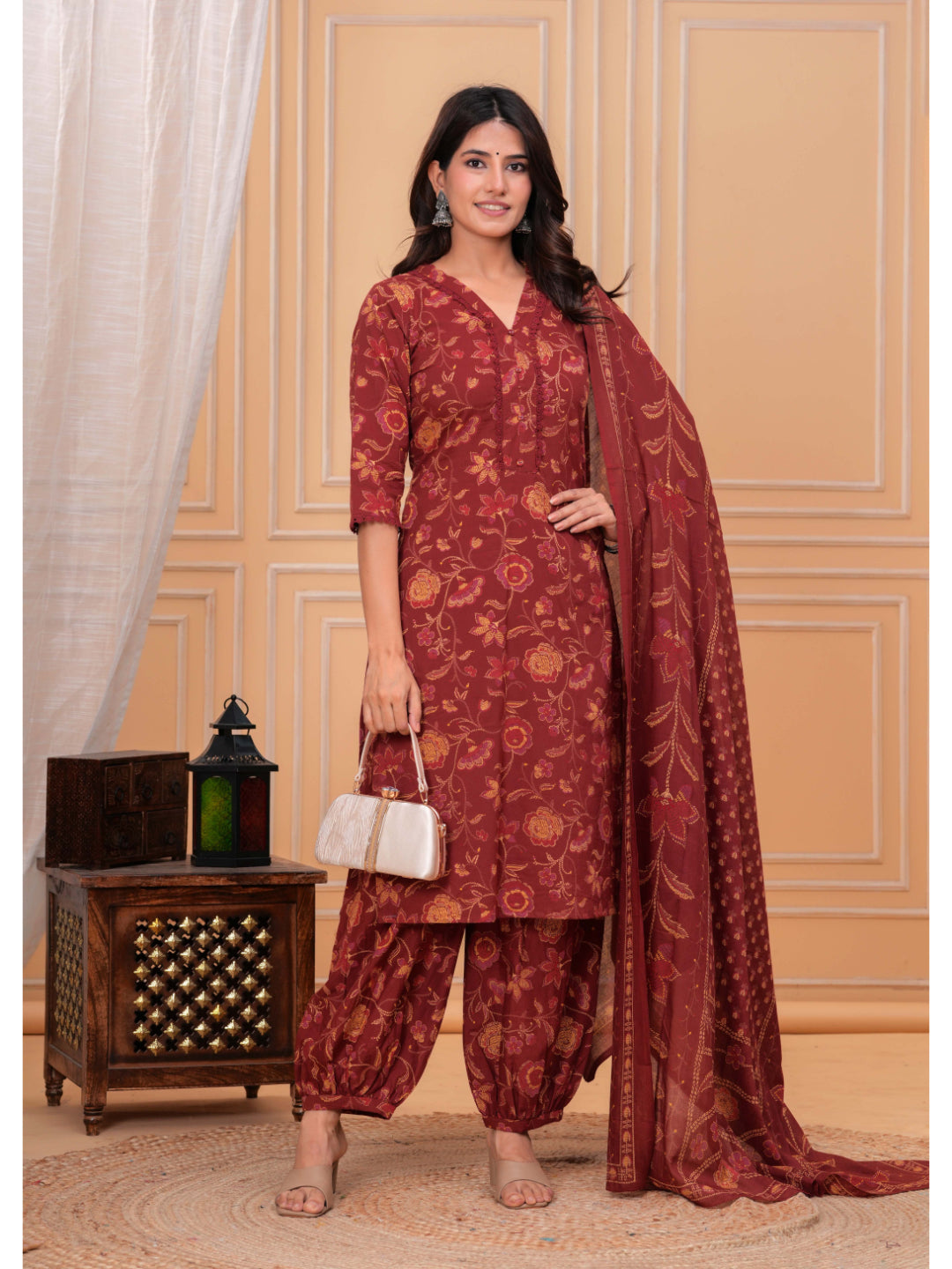 Maroon Printed Straight Kurta Set With Dupatta