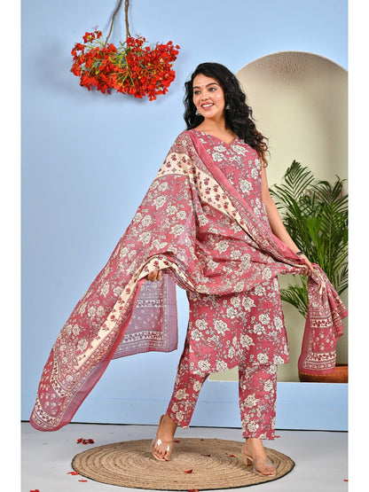 Mauve Floral Printed Kurta Set with Dupatta
