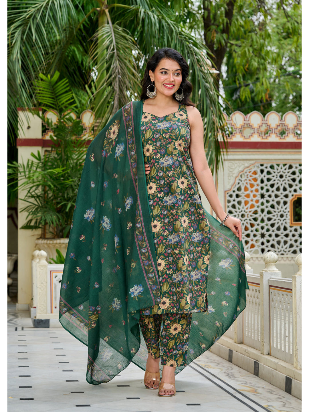 Green Floral Printed Kurta Set with Dupatta