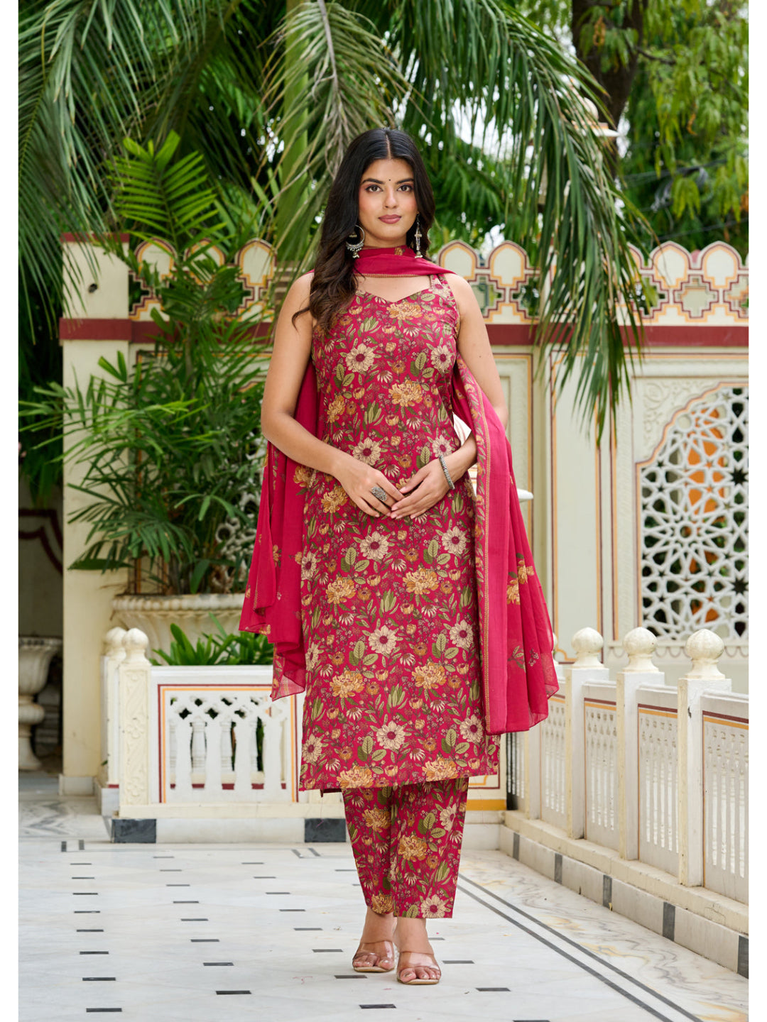 Pink Floral Printed Kurta Set with Dupatta