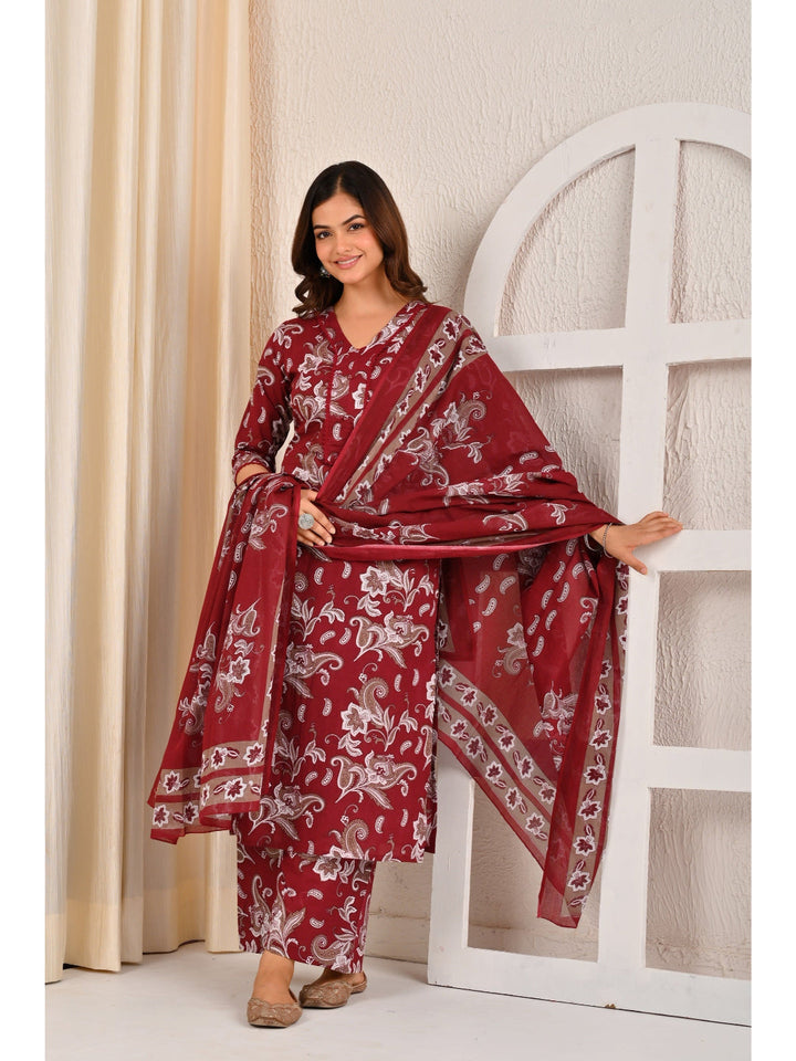 Burgundy Printed Straight Kurta Set With Dupatta