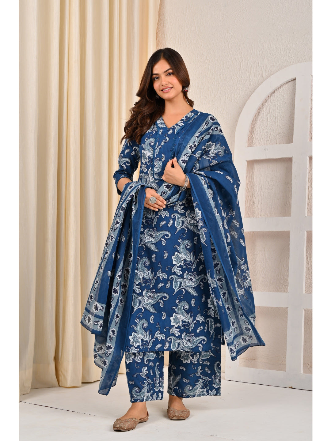 Blue Printed Straight Kurta Set With Dupatta