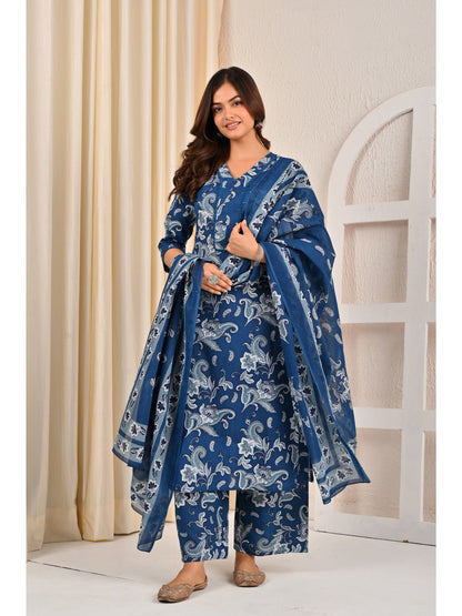 Blue Printed Straight Kurta Set With Dupatta