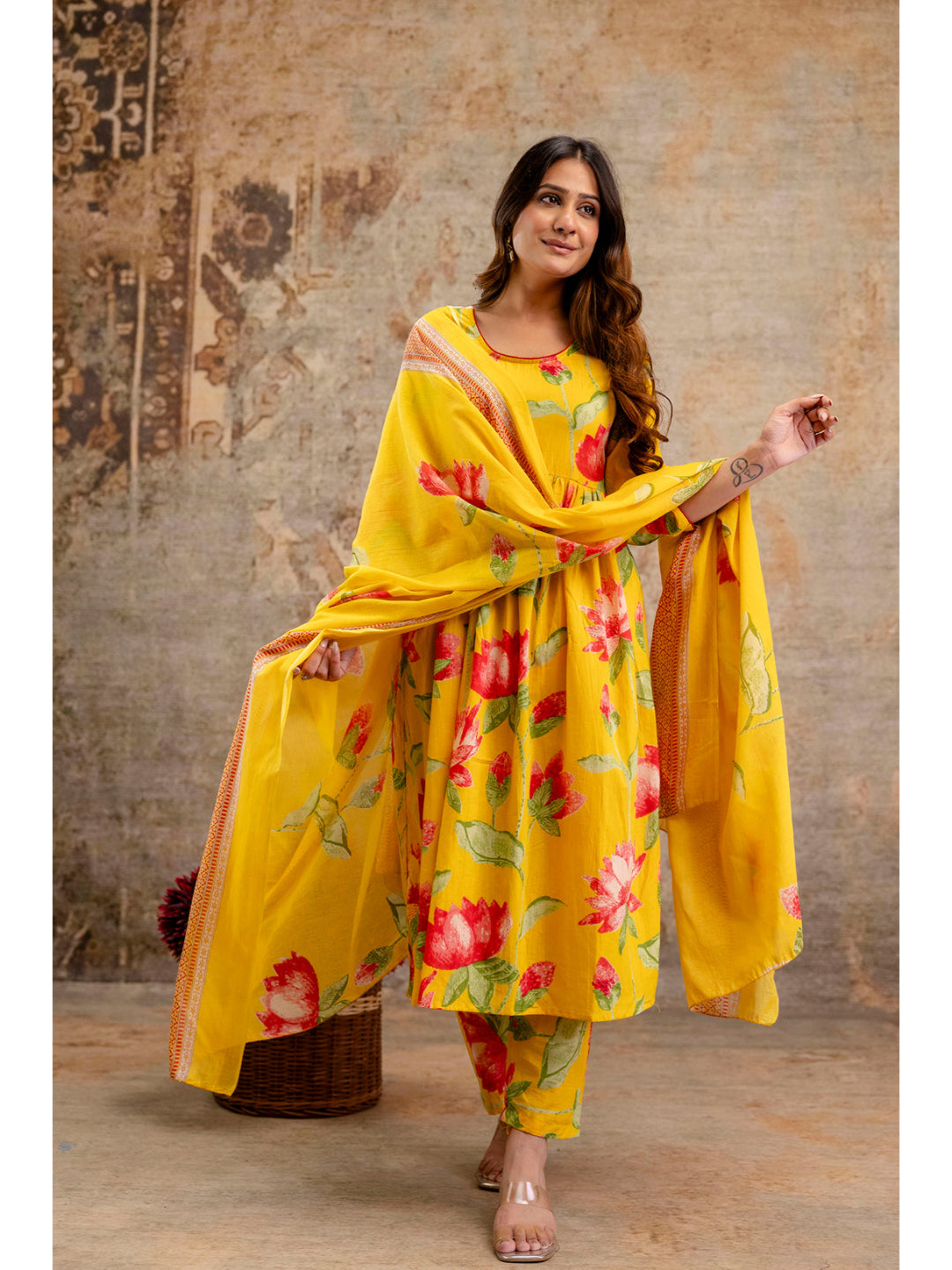 Yellow Floral Printed Kurta Set With Dupatta