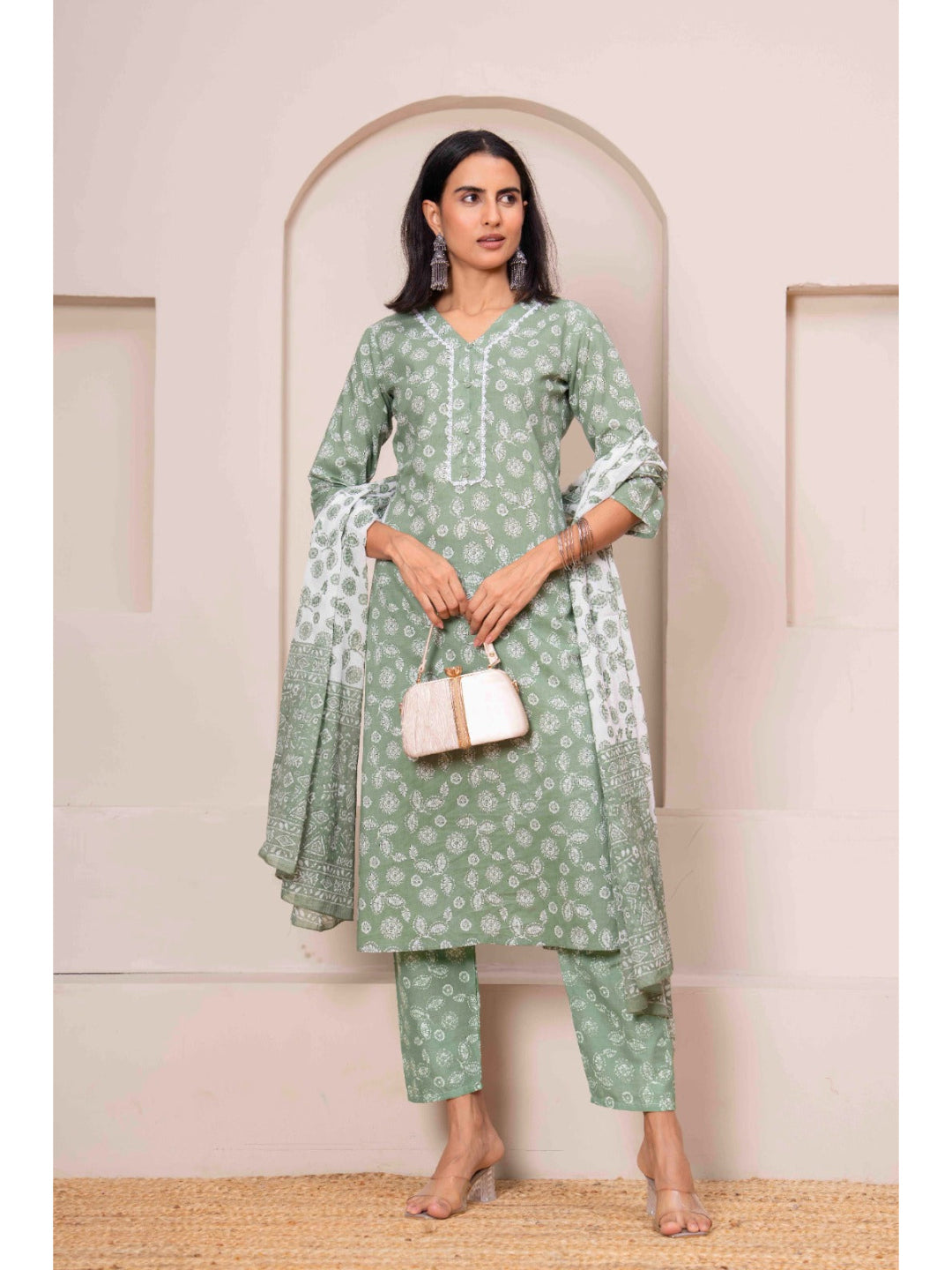 Green Printed Straight Kurta Set With Dupatta