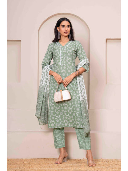 Green Printed Straight Kurta Set With Dupatta