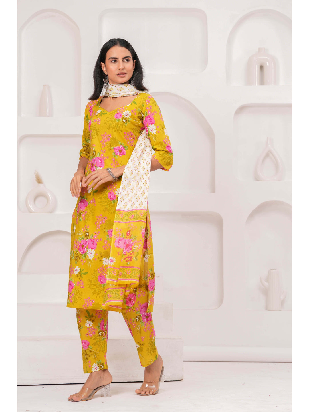 Yellow Printed Straight Kurta Set With Dupatta