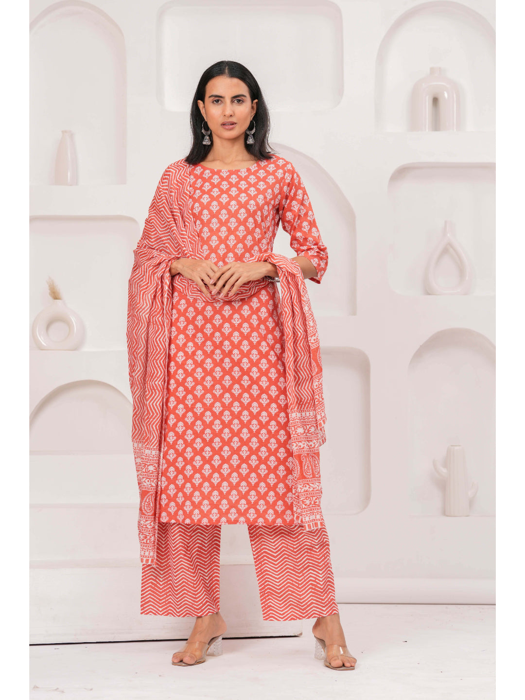 Rust Printed Straight Kurta Set With Dupatta