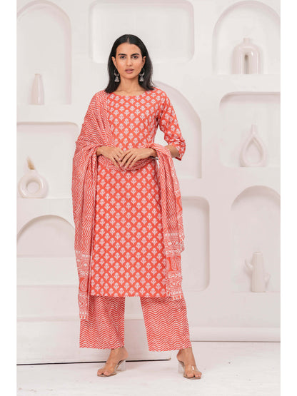 Rust Printed Straight Kurta Set With Dupatta