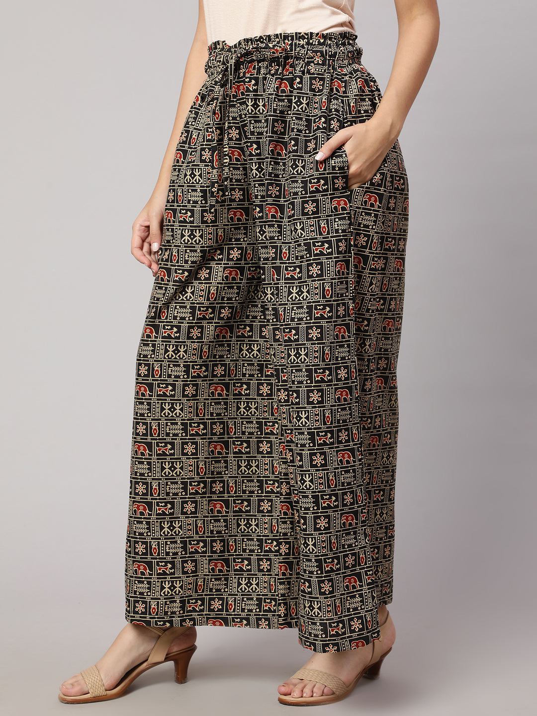 Black Printed Wide Legged Printed Palazzo With Side Pockets