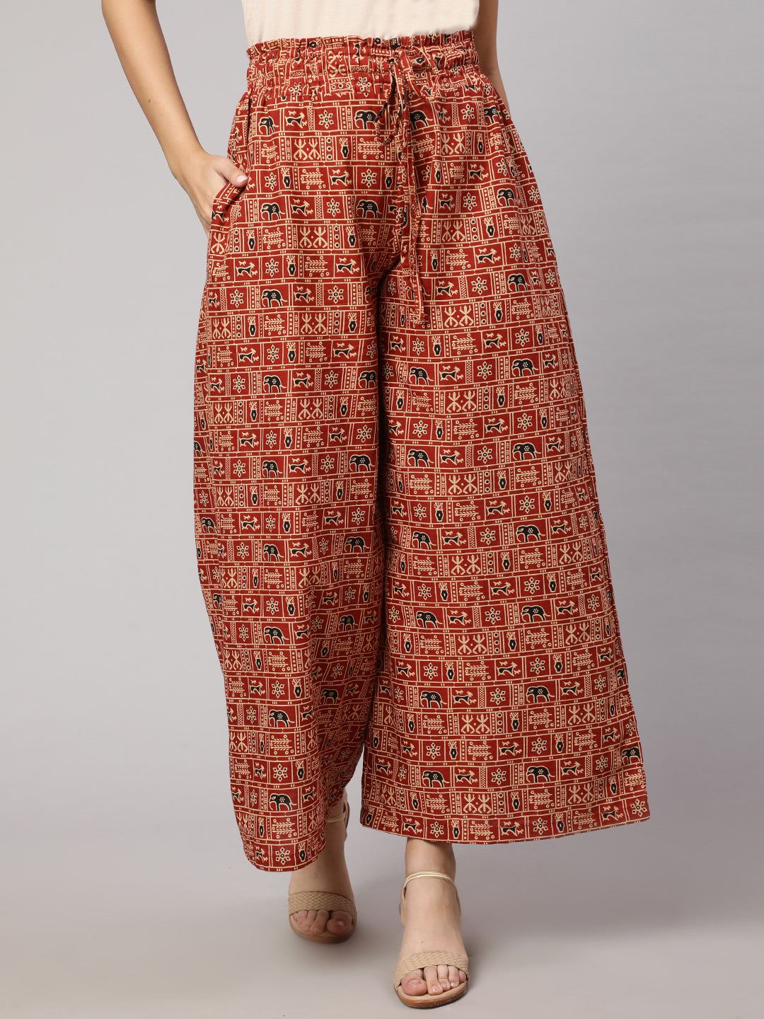 Rust Printed Wide Legged Printed Palazzo With Side Pockets
