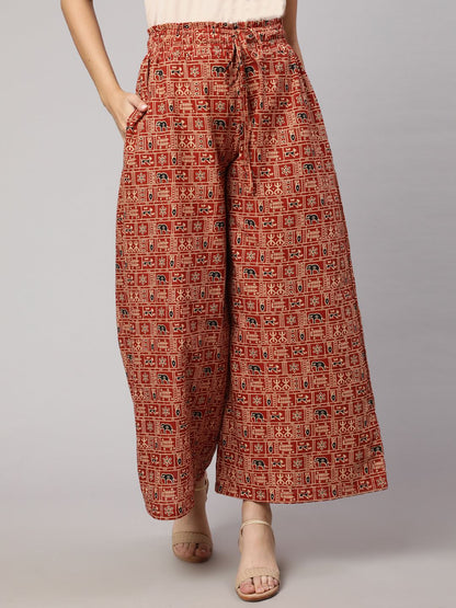 Rust Printed Wide Legged Printed Palazzo With Side Pockets