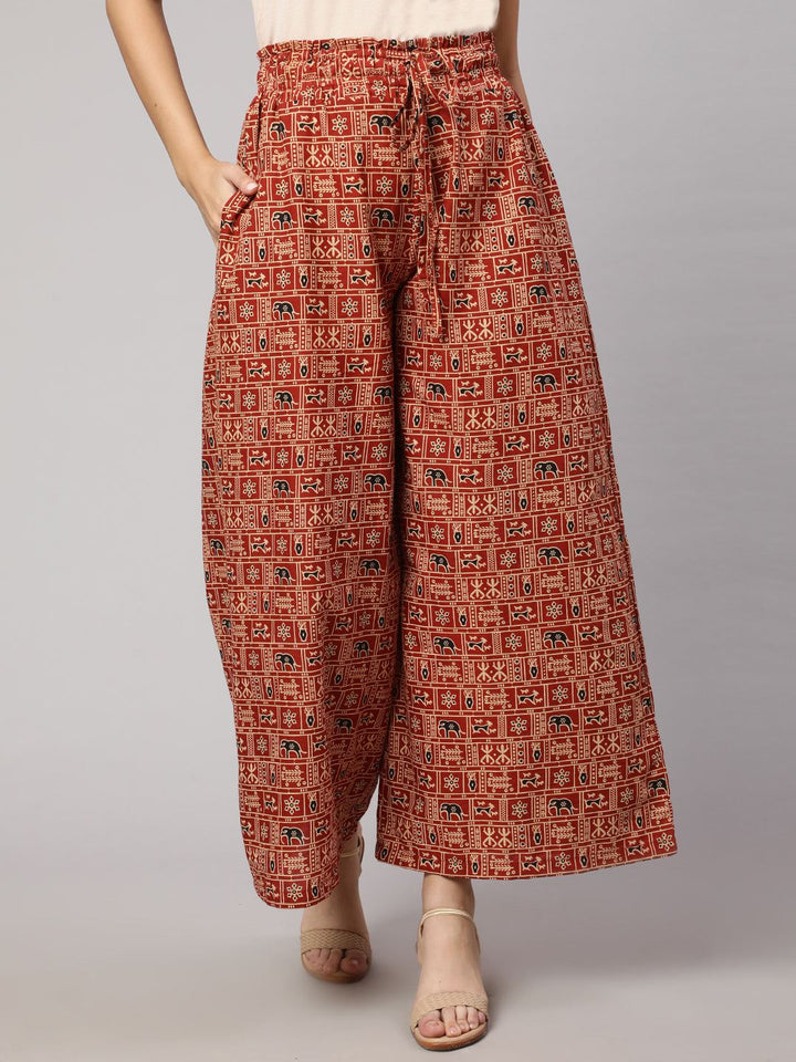 Rust Printed Wide Legged Printed Palazzo With Side Pockets
