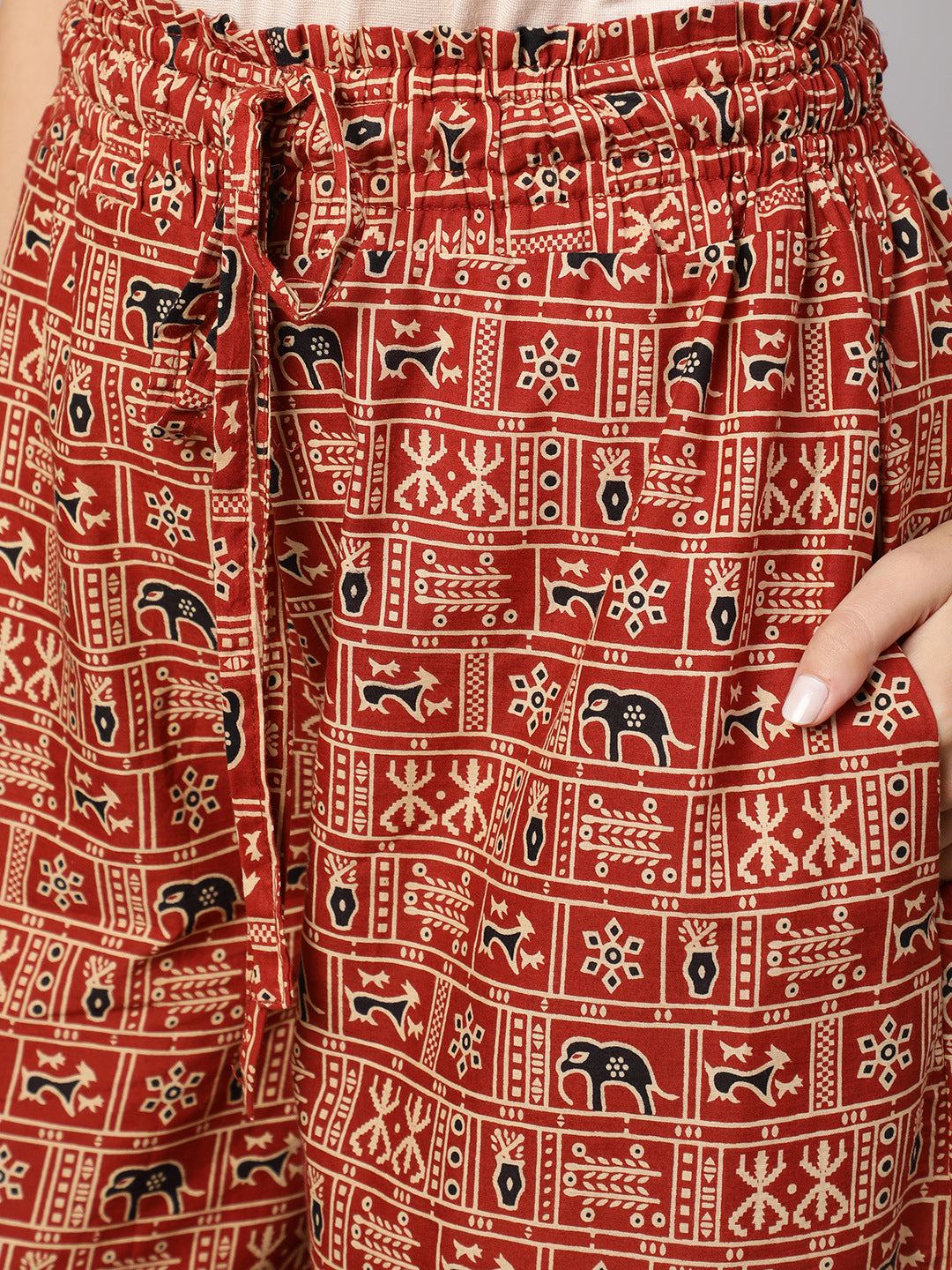 Rust Printed Wide Legged Printed Palazzo With Side Pockets