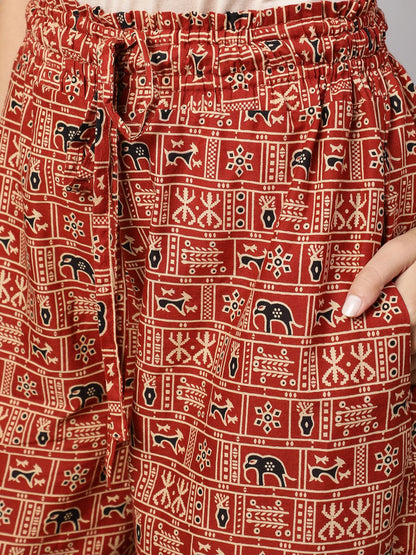 Rust Printed Wide Legged Printed Palazzo With Side Pockets