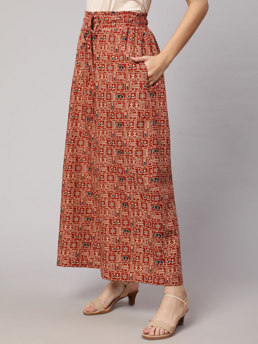Rust Printed Wide Legged Printed Palazzo With Side Pockets