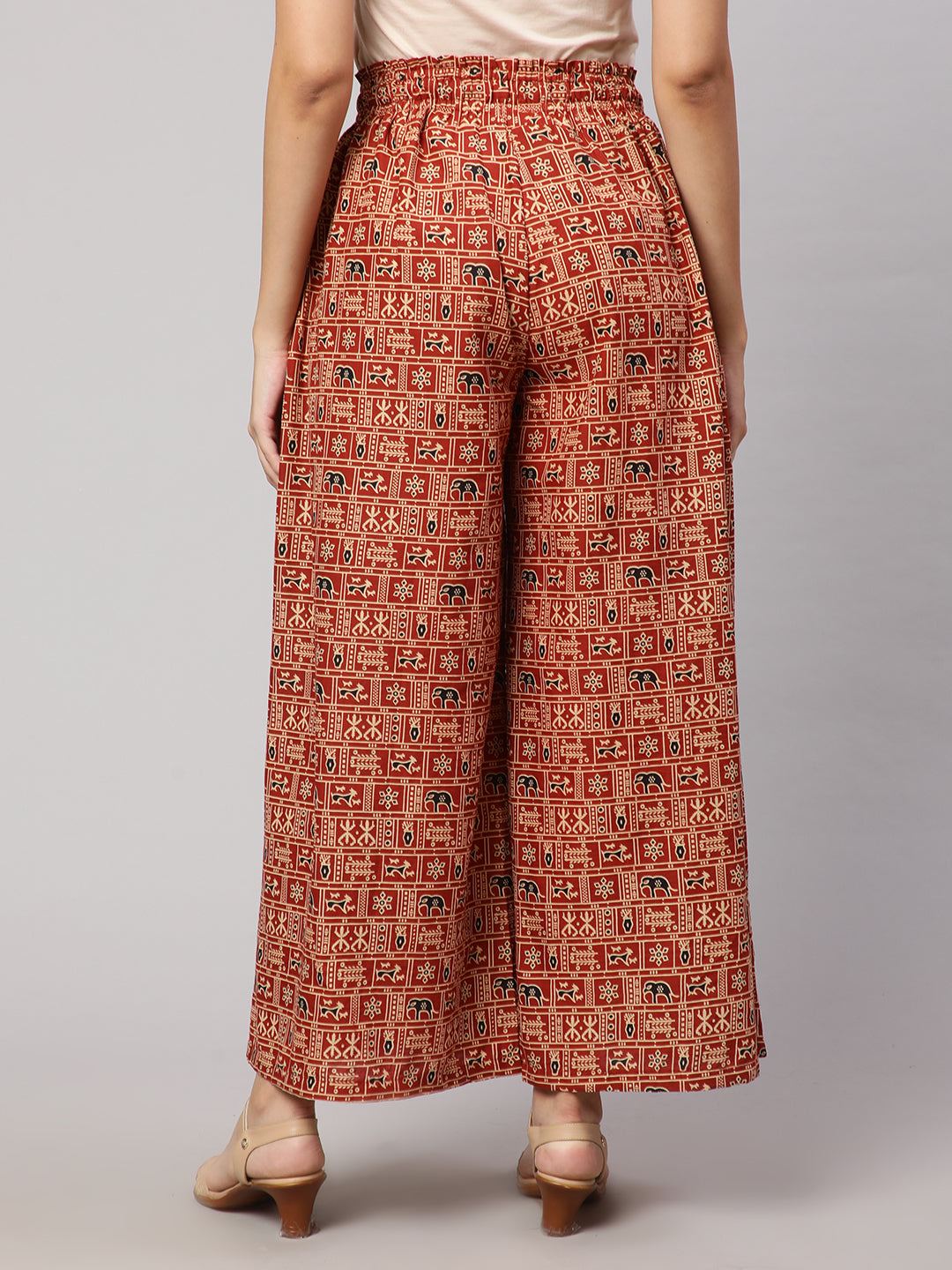 Rust Printed Wide Legged Printed Palazzo With Side Pockets