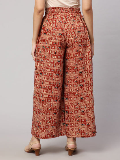 Rust Printed Wide Legged Printed Palazzo With Side Pockets