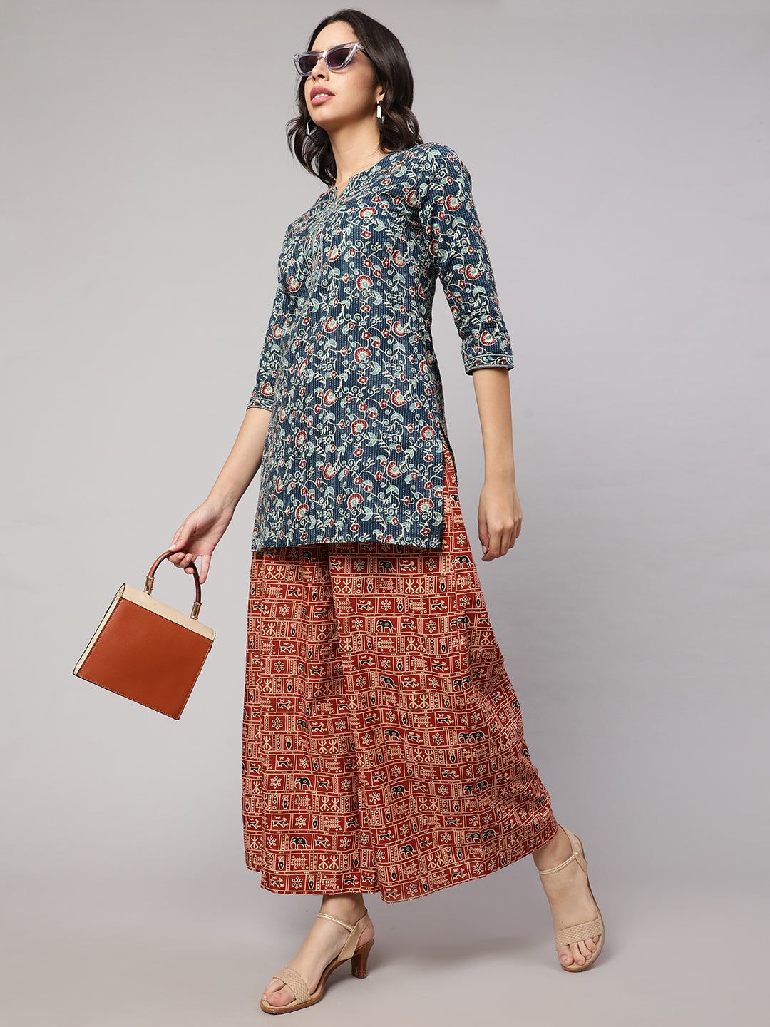 Rust Printed Wide Legged Printed Palazzo With Side Pockets