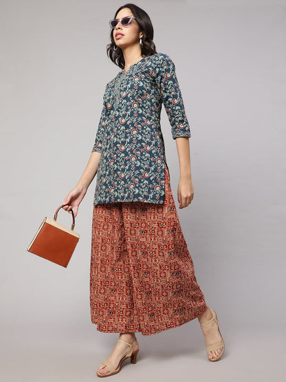 Rust Printed Wide Legged Printed Palazzo With Side Pockets