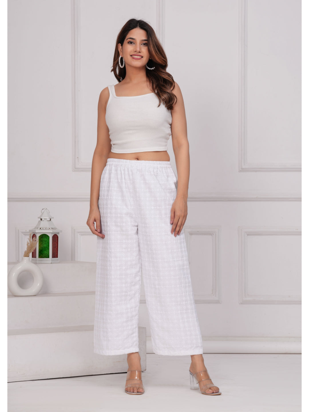 White Schiffli Straight Palazzo