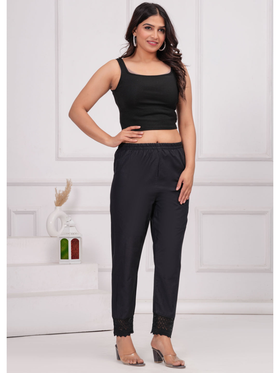 Black Solid Palazzo with Lace Detailing