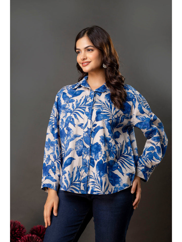 White &amp; Blue Floral Printed Shirt