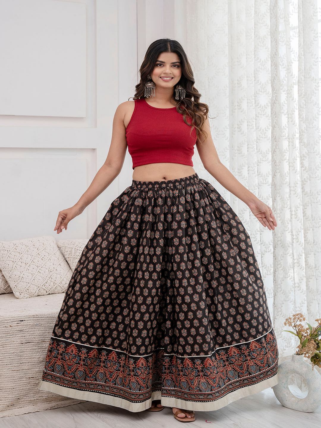 Black Ethnic Printed Gotta Patti Work Skirt