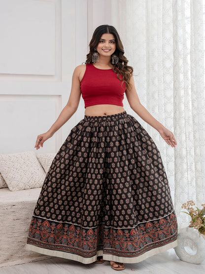 Black Ethnic Printed Gotta Patti Work Skirt