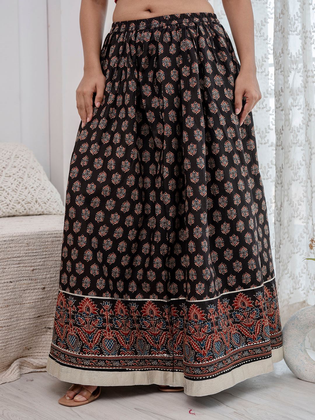 Black Ethnic Printed Gotta Patti Work Skirt