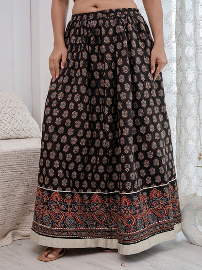 Black Ethnic Printed Gotta Patti Work Skirt