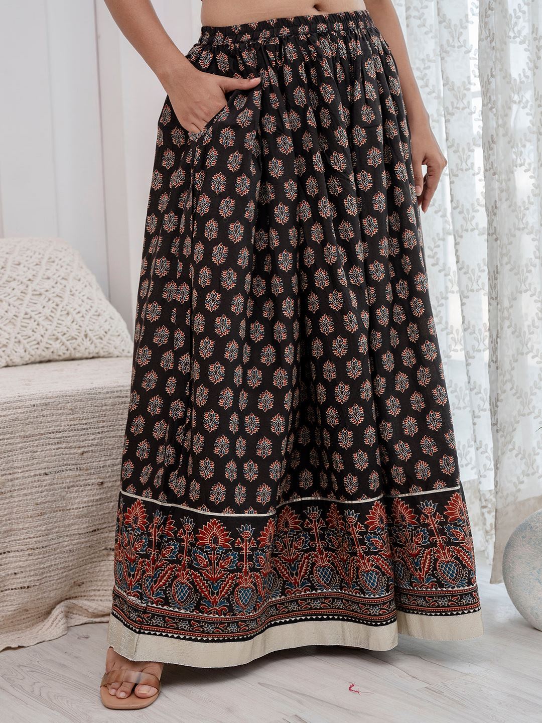 Black Ethnic Printed Gotta Patti Work Skirt