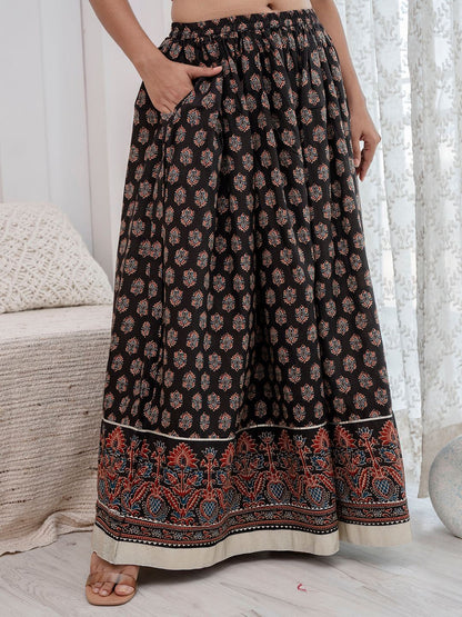 Black Ethnic Printed Gotta Patti Work Skirt