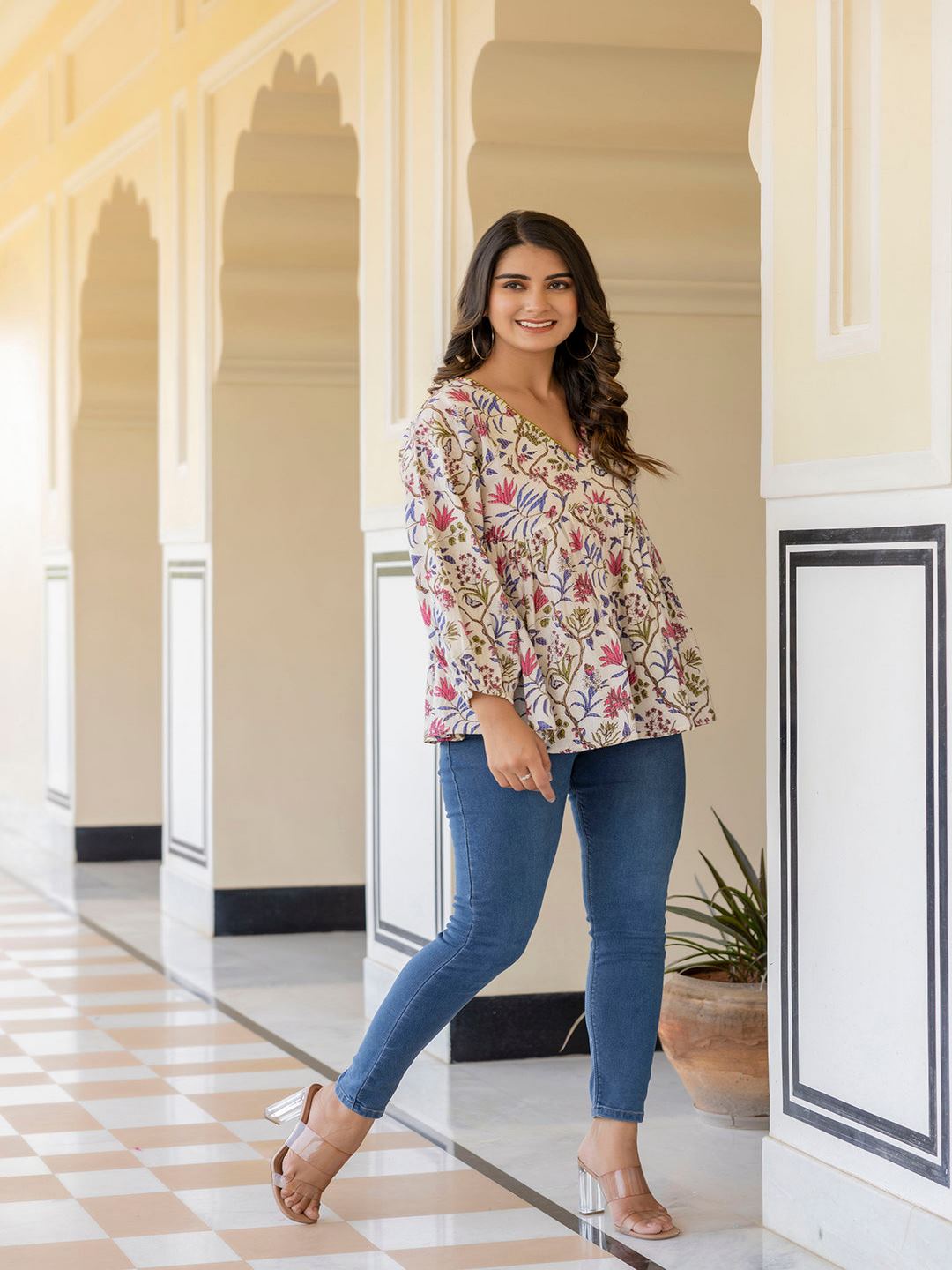 Off White Printed V-Neck Peplum Tunic