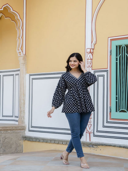 Black Printed V-Neck Peplum Top