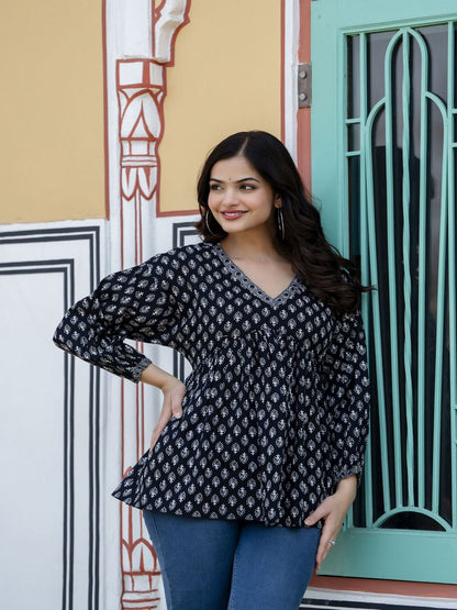 Black Printed V-Neck Peplum Top
