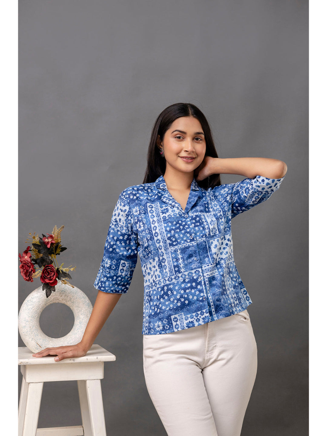 Blue Printed Straight Top