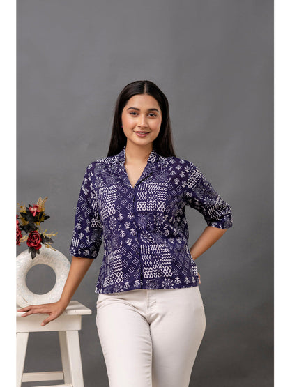 Navy Blue Printed Straight Top