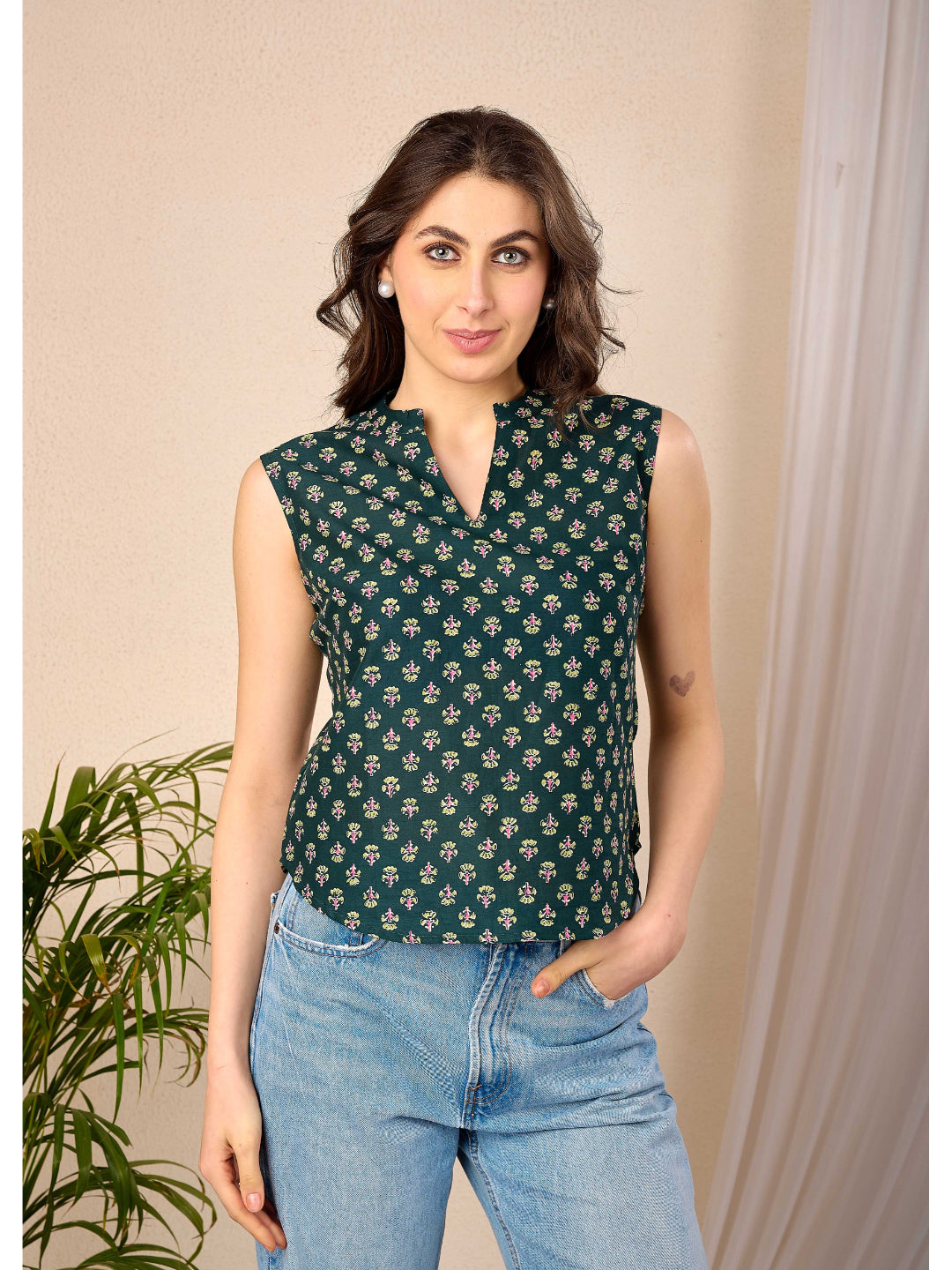 Green Printed Straight Top