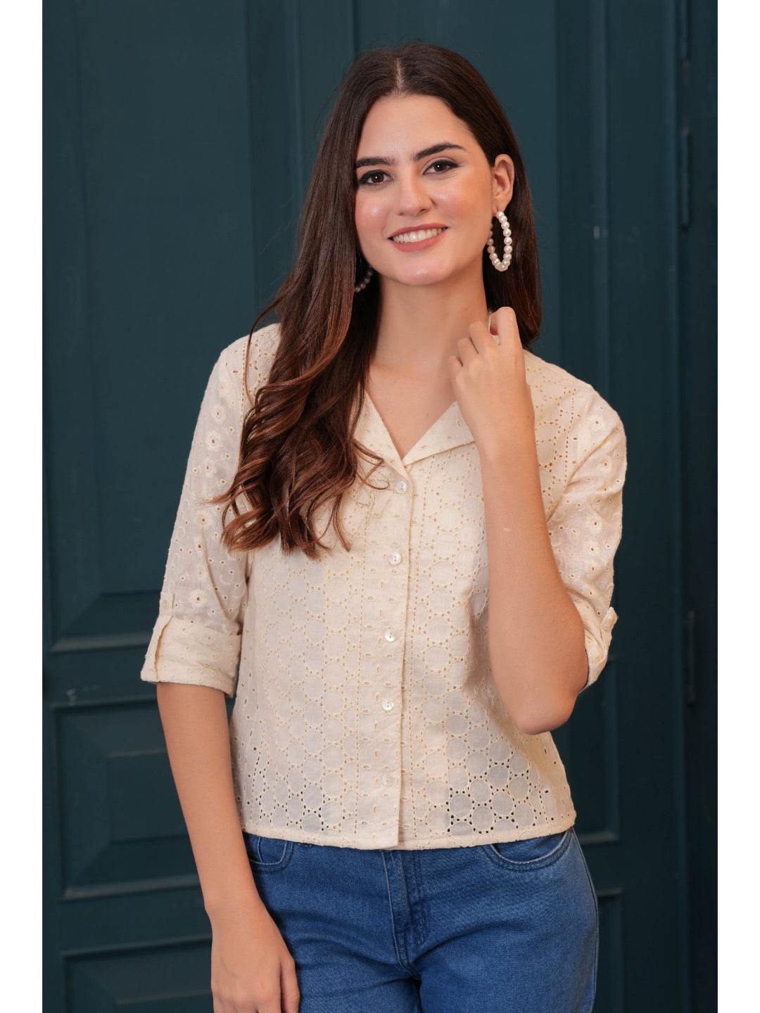 Off White Schiffli Cotton Straight Top