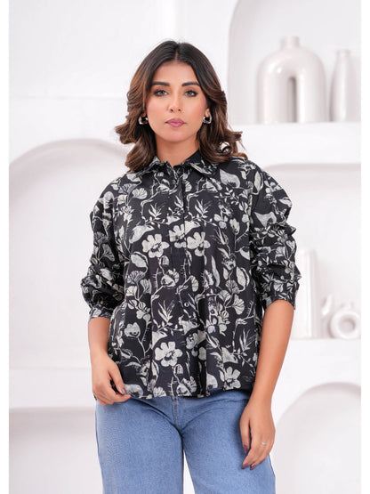 Black Printed Shirt Style Top