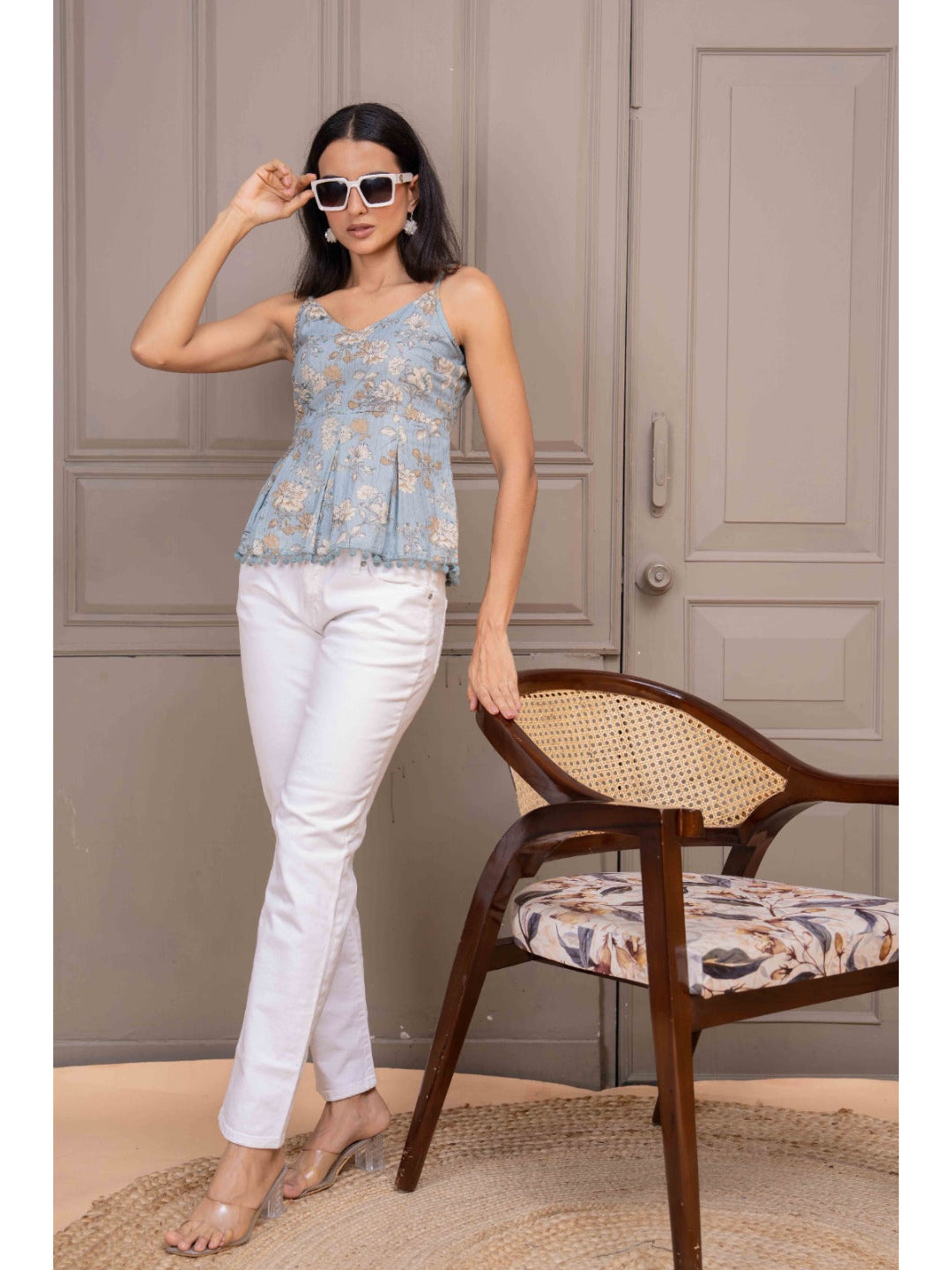 Blue Printed Sleeveless Top